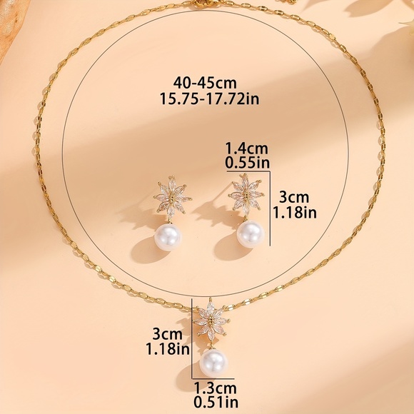 18K Gold Plated Stainless Steel Zircon Earrings & Necklace Set with Pearls - Picture 3 of 5